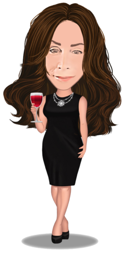 Drawing of Missy Ward with flowing brown hair, a black dress and holding a glass of red wine in the right hand